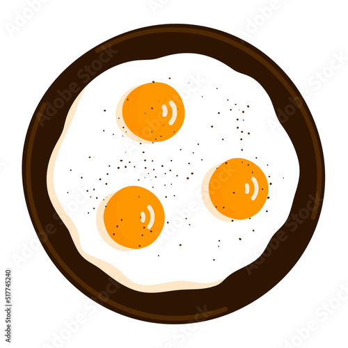 Cooked fried eggs in a frying pan. Nutritious omelet. Tasty breakfast. Hot pan. Healthy food. Protein chicken product. Flat vector illustration isolated on white background