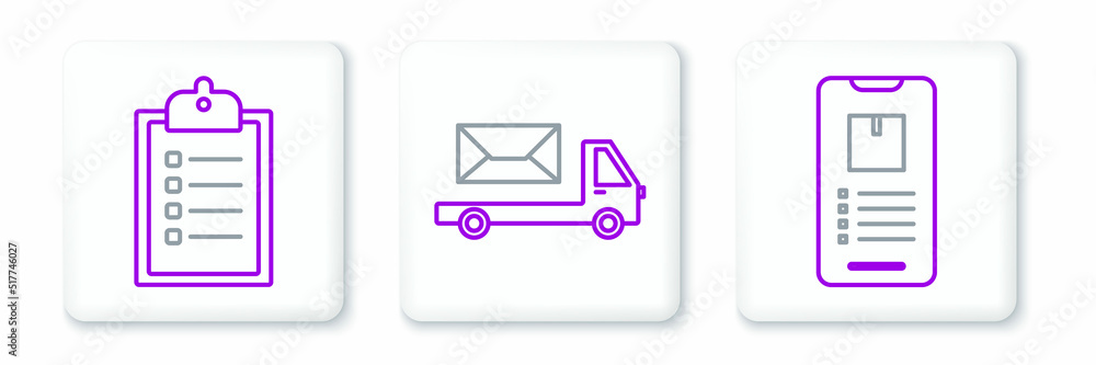 Set line Mobile phone with app delivery tracking, Verification of list clipboard and Post truck icon. Vector Set line Mobile phone with app delivery tracking, Verification of list clipboard and Post truck icon. Vector