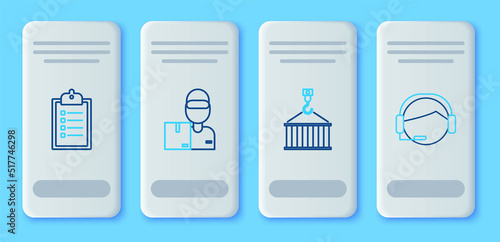 Set line Delivery man with cardboard boxes, Container on crane, Verification of delivery list clipboard and Support operator touch icon. Vector