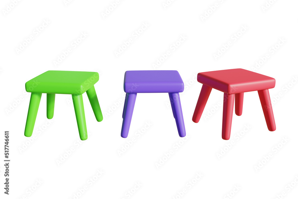 Wooden chair or bench, steel, green plastic Red and purple in square shape Cut or separate from the background, 3D rendering. Wooden chair or bench, steel, green plastic Red and purple in square shape Cut or separate from the background, 3D rendering.