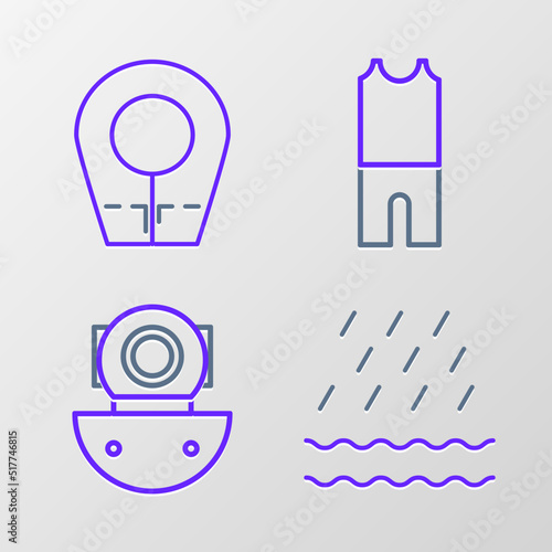 Set line Rain and waves, Aqualung, Wetsuit for scuba diving and Diving hood icon. Vector