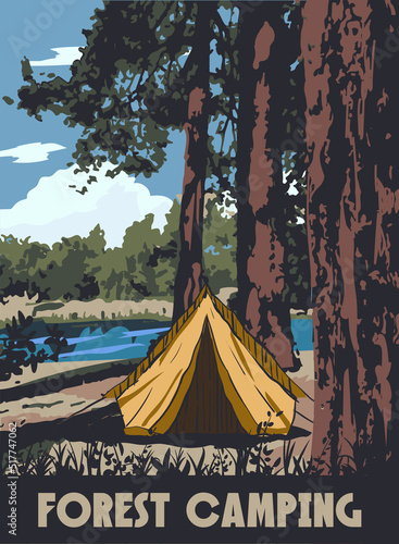 Forest Camping poster retro, camping outdoor travel. Tourism hiking summer forest, vector iluustration