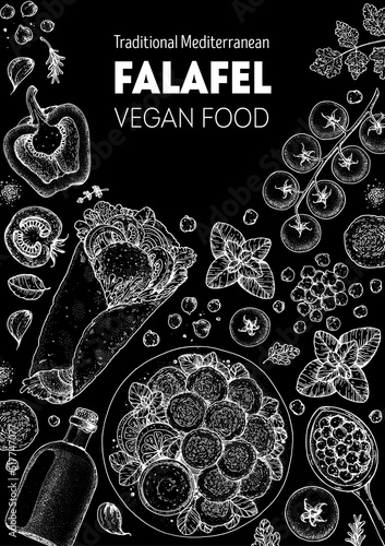 Falafel cooking and ingredients for falafel, sketch illustration. Middle eastern cuisine frame. Street food, design elements. Hand drawn, menu and package design. Vegan food