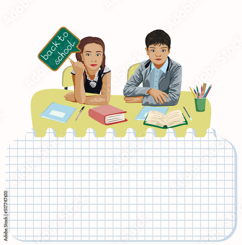 Fototapeta Naklejka Na Ścianę i Meble -  Pupils in school uniform at the desk. Back to school. Place for an inscription in the form of a sheet  torn from a notebook. Vector illustration.