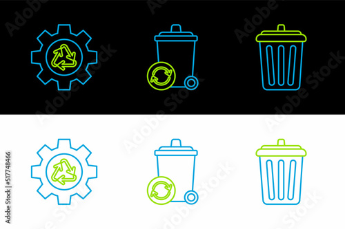 Set line Trash can, Recycle symbol and gear and bin with recycle icon. Vector