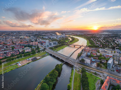Wroclaw, Poland, Aerial view of Warsaw Bridges (Mosty Warszawskie) over Odra river on sunset