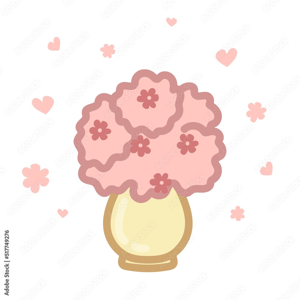 Yellow vase with pink flowers. Hand drawn illustration in cartoon style. Vector isolated on white background. Yellow vase with pink flowers. Hand drawn illustration in cartoon style. Vector isolated on white background.
