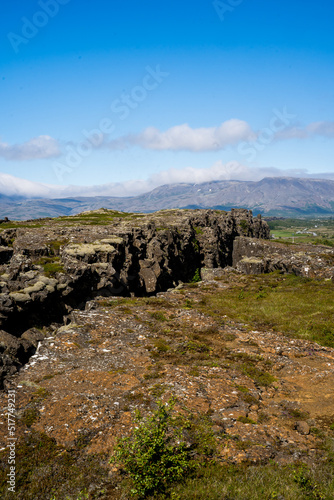 Bláskógabyggð, Iceland - July 2,2022 View of the rift valley at the Thingvellir National Park. Showing the crest of the Mid-Atlantic Ridge and the North American and Eurasian tectonic plates.