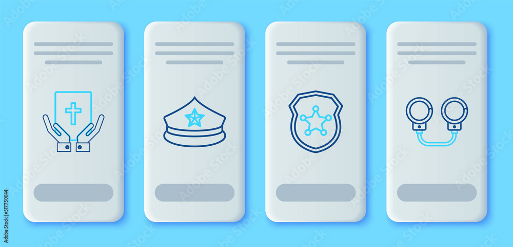 Set line Police cap with cockade, badge, Oath on the Holy Bible and Handcuffs icon. Vector