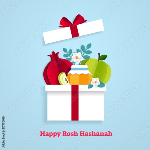 Rosh Hashanah greeting banner with symbols of Jewish New Year pomegranate, apple, honey and papper art flowers. Paper cut vector illustration template.