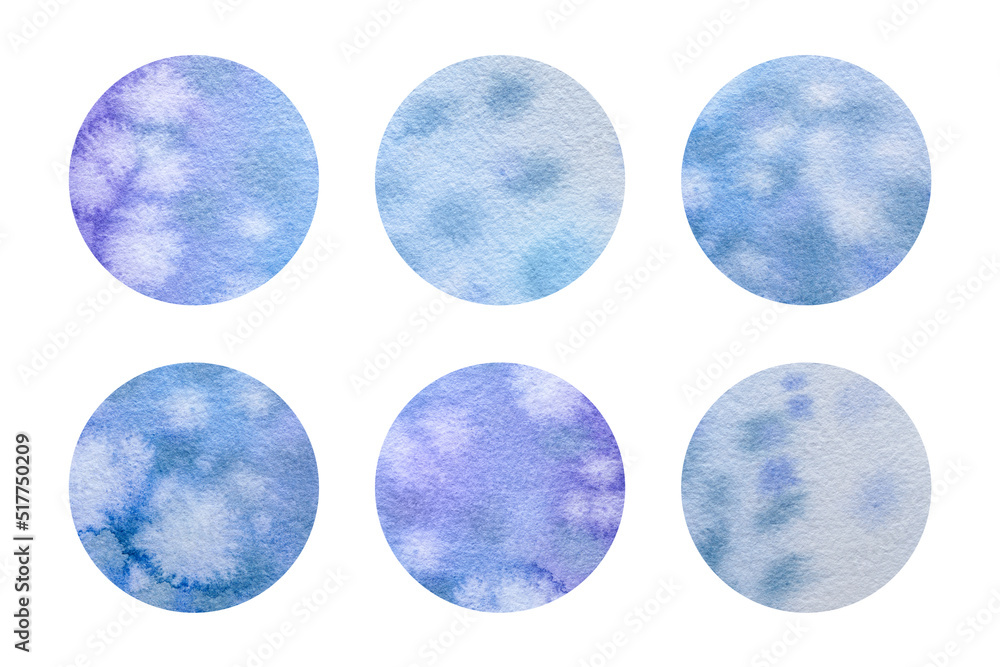 Round watercolor stickers set isolated on white background. Blue violet abstraction with spots and strokes Round watercolor stickers set isolated on white background. Blue violet abstraction with spots and strokes