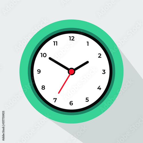 Green alarm clock showing two o'clock, isolated on white background. Flat design. Vector illustration.