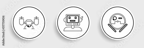 Set line Robot vacuum cleaner, Drone flying with action camera and icon. Vector