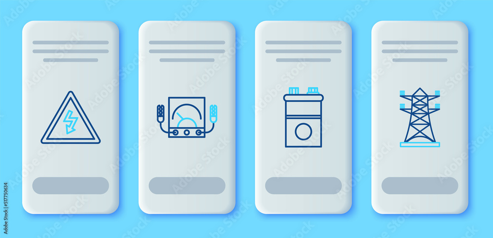 Set line Ampere meter, multimeter, voltmeter, Car battery, High voltage sign and power pole line icon. Vector Set line Ampere meter, multimeter, voltmeter, Car battery, High voltage sign and power pole line icon. Vector