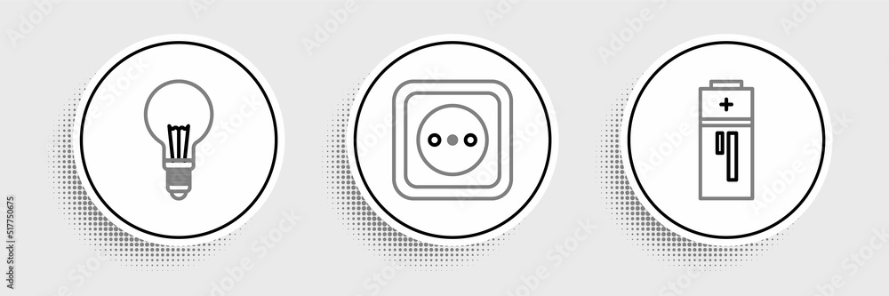 Set line Battery, Light bulb with concept of idea and Electrical outlet icon. Vector Set line Battery, Light bulb with concept of idea and Electrical outlet icon. Vector