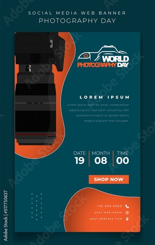 Banner template in portrait design with dslr camera using long lens for photography day design