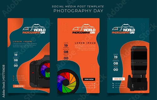 Set of social media post template with camera and lens design for world photography day design