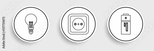 Set line Battery, Light bulb with concept of idea and Electrical outlet icon. Vector
