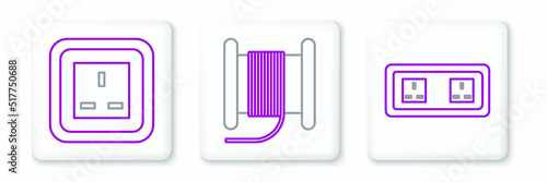 Set line Electrical outlet, and Wire electric cable on reel or drum icon. Vector