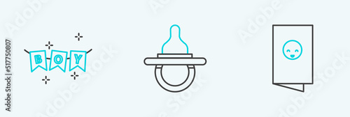 Set line Baby shower invitations card, poster, Carnival garland with flags and dummy pacifier icon. Vector