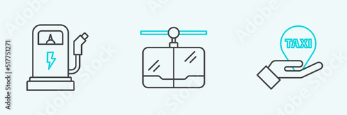 Set line Hand on map pointer with taxi, Electric car charging station and Cable icon. Vector
