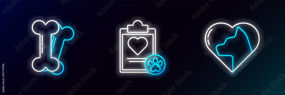 Set line Heart with cat, Dog bone and Clipboard medical clinical record pet icon. Glowing neon. Vector Set line Heart with cat, Dog bone and Clipboard medical clinical record pet icon. Glowing neon. Vector
