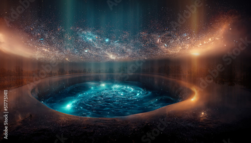 Fototapeta Naklejka Na Ścianę i Meble -  Abstract night fantasy landscape with a starry sky, a natural pool of water, a lake in which the galaxy, the milky way, the universe, stars, planets are reflected. 3D illustration.