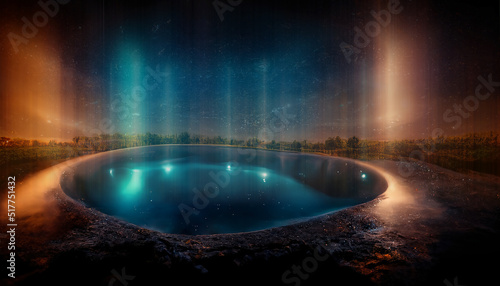 Abstract night fantasy landscape with a starry sky  a natural pool of water  a lake in which the galaxy  the milky way  the universe  stars  planets are reflected. 3D illustration.