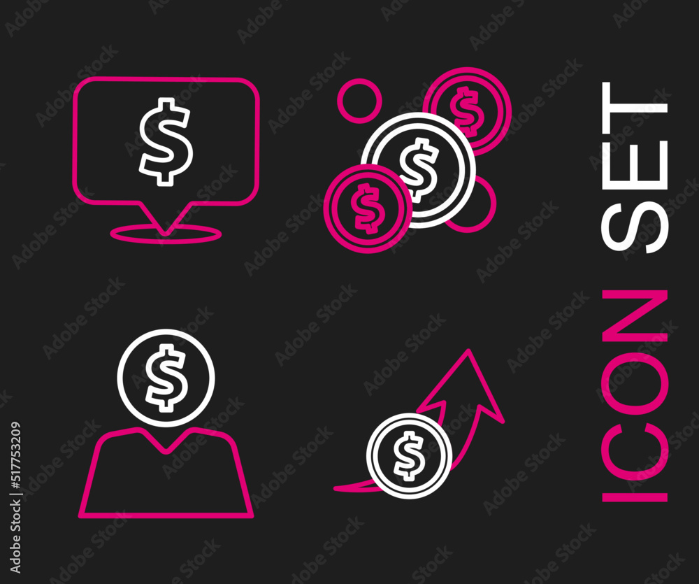 Set line Financial growth and coin, Business man planning mind, Coin money with dollar and Speech bubble icon. Vector Set line Financial growth and coin, Business man planning mind, Coin money with dollar and Speech bubble icon. Vector
