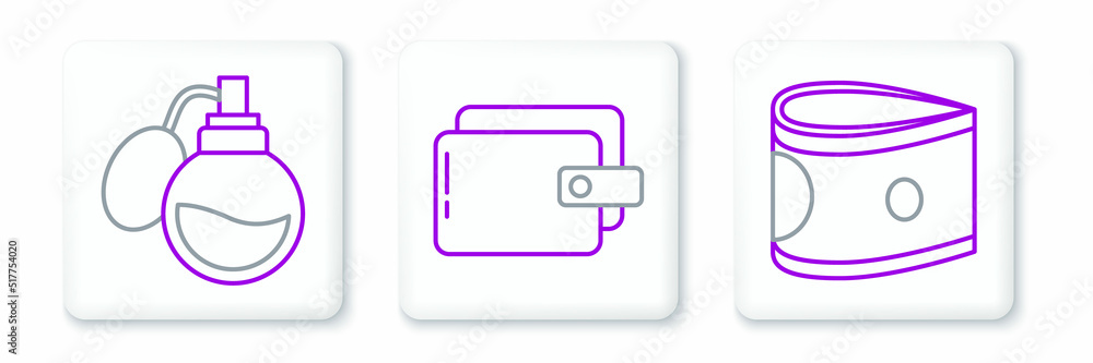 Set line Stacks paper money cash, Perfume and Wallet icon. Vector Set line Stacks paper money cash, Perfume and Wallet icon. Vector