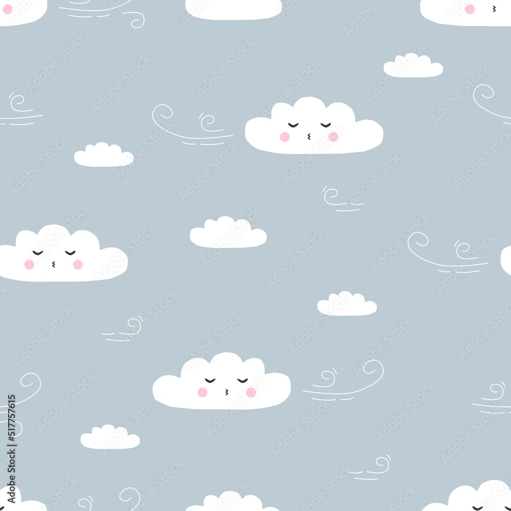 Obraz premium Vector seamless pattern with wind and clouds in cartoon style. Funny clouds characters