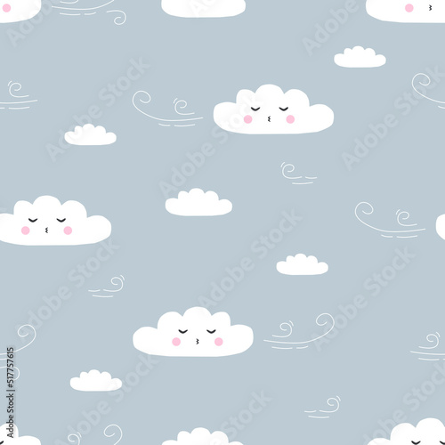 Vector seamless pattern with wind and clouds in cartoon style. Funny clouds characters