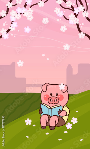 Piggy sits in the meadow and reads book. Pink sunset. Cherry blossom. Kawaii character. Colorful vector illustration.