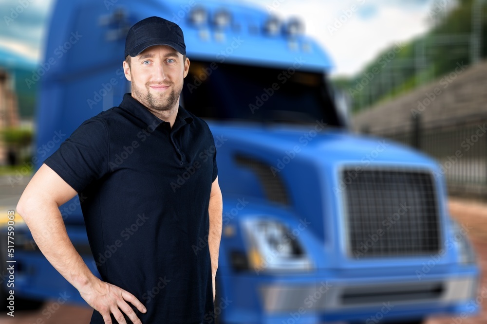Portrait of confident truck driver on parking outdoor background Portrait of confident truck driver on parking outdoor background