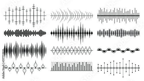 Set Black Collection Abstract Elements Audio Waves Voice Sound Music Shapes Vector Design Style