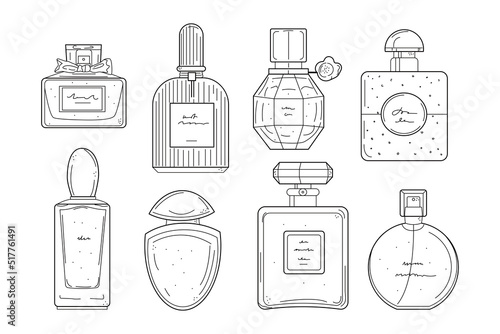 Hand drawn perfume bottles line icons set. Glass flasks with perfume, eau de toilette, fragrance in doodle style. Vector illustration