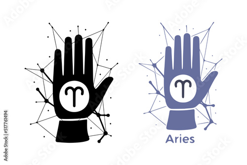 Hand with Aries symbol isolated on white background. Horoscope fortune telling art. Constellation doodle design.