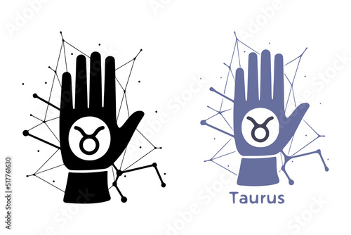Hand with Taurus symbol isolated on white background. Horoscope fortune telling art. Constellation doodle design.