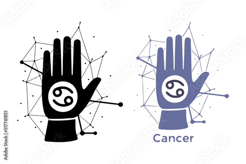 Hand with Cancer symbol isolated on white background. Horoscope fortune telling art. Constellation doodle design.