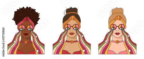 Groovy hippie girls portrait with rainbow glasses, 70s retro women face different skin color options, funny poster or t-shirt print pre-made template, vector hand drawn bundle