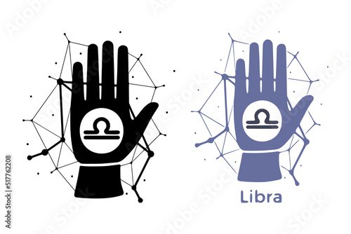 Hand with Libra symbol isolated on white background. Horoscope fortune telling art. Constellation doodle design.