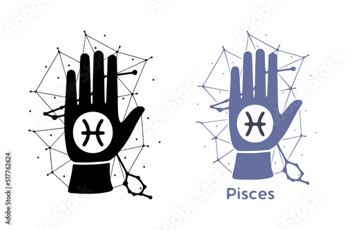 Hand with Pisces symbol isolated on white background. Horoscope fortune telling art. Constellation doodle design.