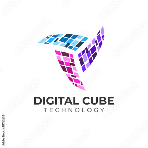 Digital Cube Logo Design with Abstract Futuristic Square Shape Combination Style Concept.