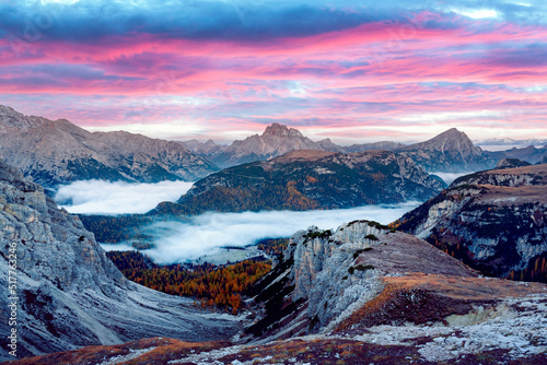 Incredible panoramical view in the foggy morning Dolomites mountains. Location Auronzo rifugio in Tre Cime di Lavaredo National Park, Dolomites, Trentino Alto Adige, Italy © Ivan Kmit
