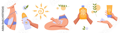 Set of hands using spf gel. Concept of UV protection for skin, health care, protection sunburn, skin cancer prevention. Vector illustration in flat style.