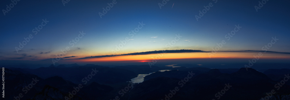 Large panorama evening mood over the Sihlsee, Zürichsee and Greifensee
