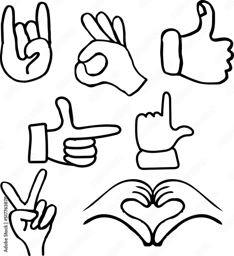 Fototapeta premium Peace, Rock, Love, Ok, Like Hand Signs and Gestures Hand Drawn Doodle Signs and Symbols