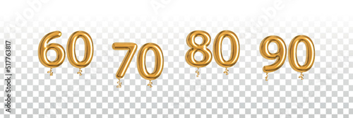 Vector realistic isolated golden balloon of 60, 70, 80 and 90 on the transparent background.