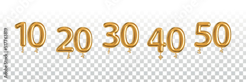 Vector realistic isolated golden balloon of 10, 20, 30, 40 and 50 on the transparent background.