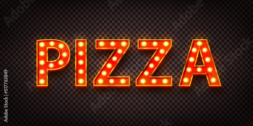 Vector realistic isolated retro marquee billboard with electric light lamps of Pizza logo on the transparent background.